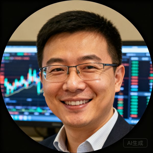 世界杯赔率网创始人张明远的圆形头像照片，他戴着眼镜面带微笑，身后是数据大屏的背景
